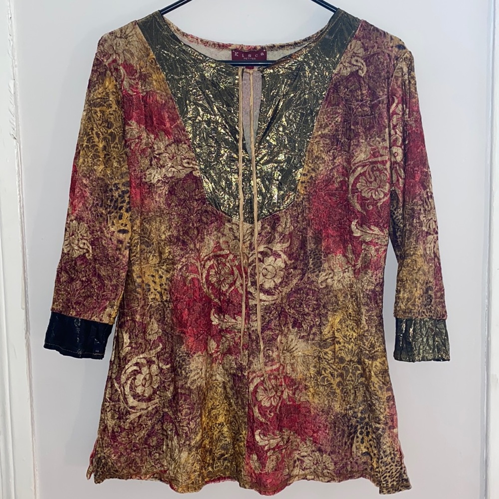 Womens Kisca petite by komarov 3/4 sleeve crushed velvet patterned top, size M